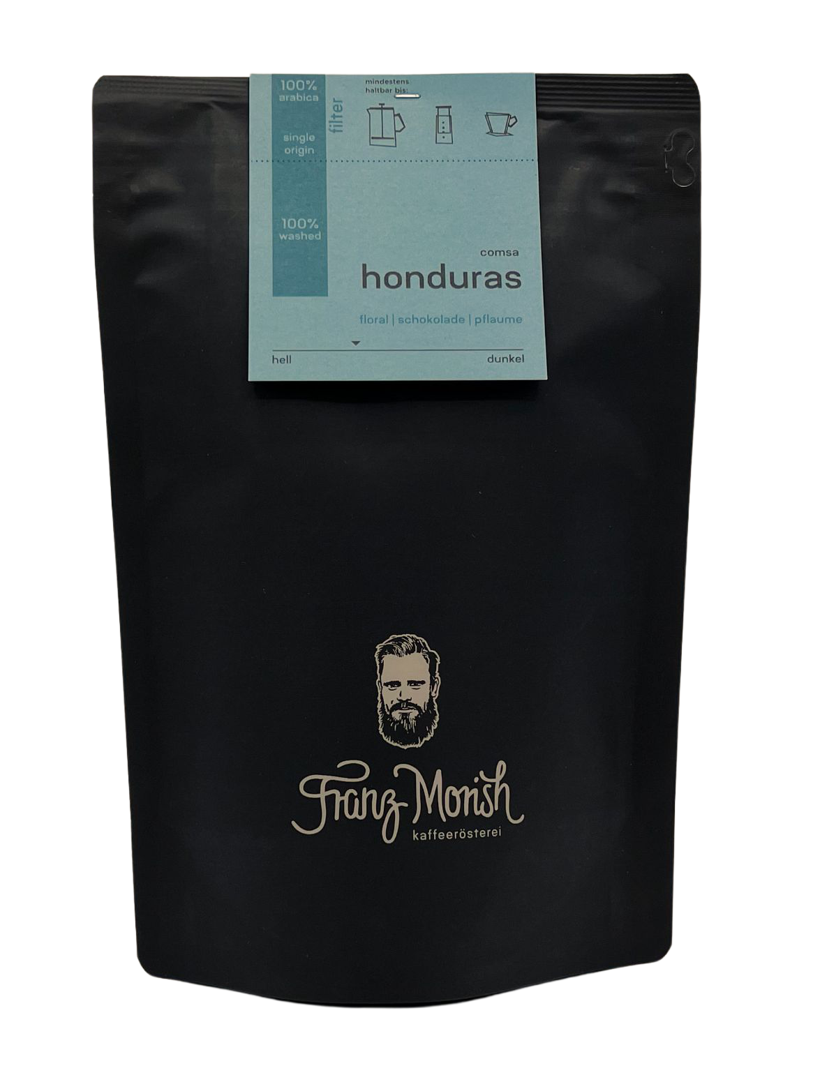 Kaffeebohnen in schwarzer Tüte mit Logo