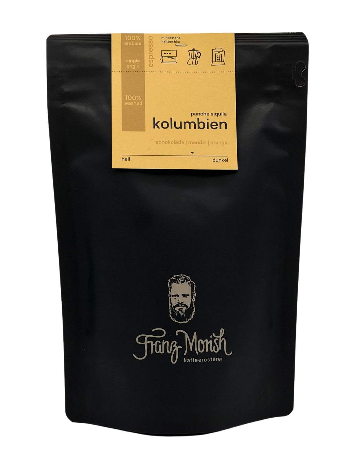 Kaffeebohnen in schwarzer Tüte mit Logo